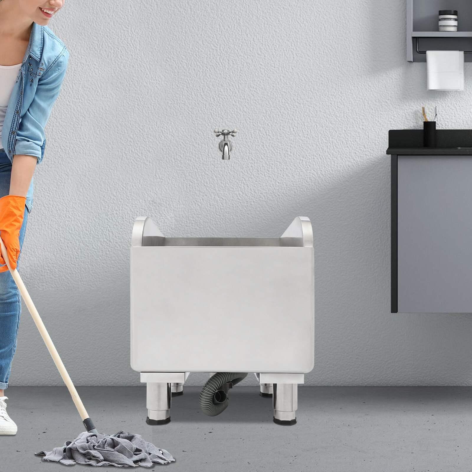 Stainless Steel Mop Service Basin, Floor Mount Mop Sink 17.72*16.14*19.69 in