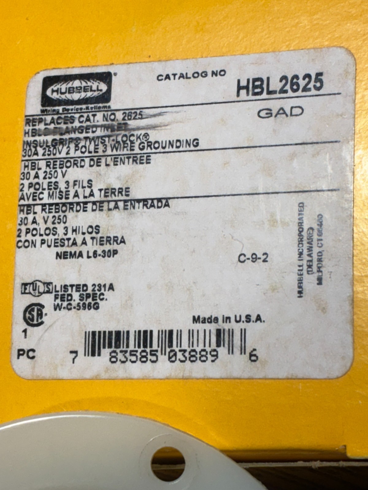 JUST 1 HUBBELL HBL2625 Flanged Locking PLUG Inlets 30A 250V 2 Pole 3 Wire