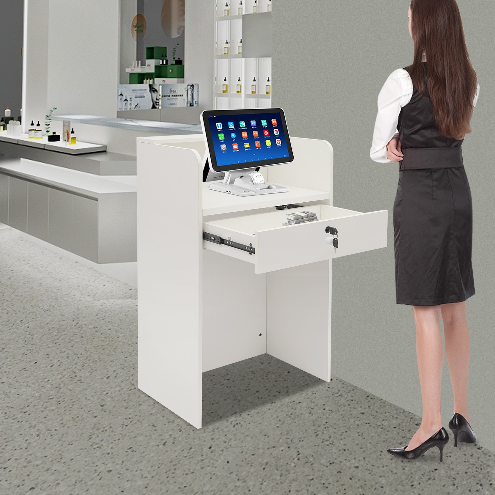 Reception Desk with LED Light, Checkout Counter Reception Desk W/ Storage Drawer