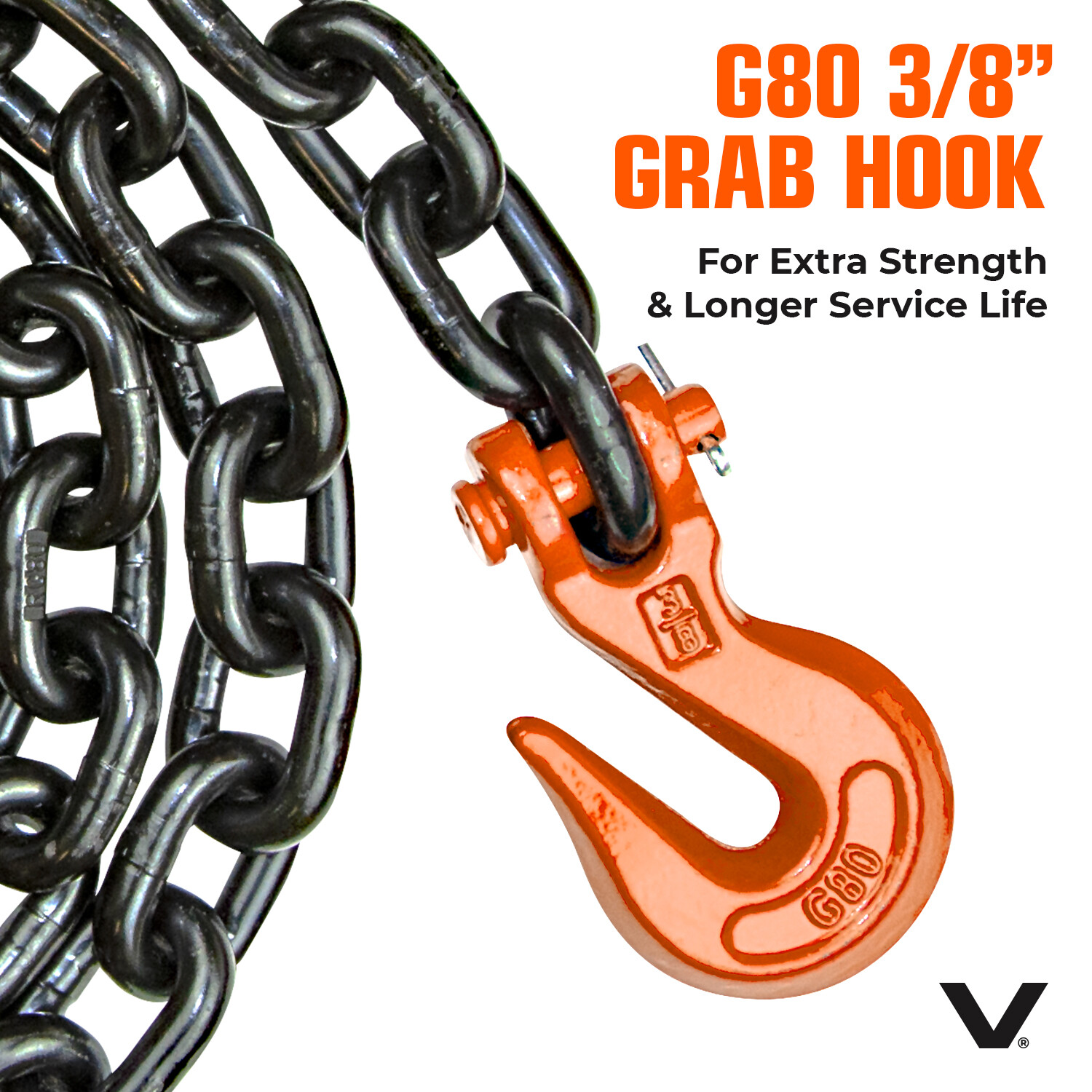 VULCAN G80 Long J Hook Tow Chain – 3/8″ x 8′ – PROSeries – 7100 lbs SWL