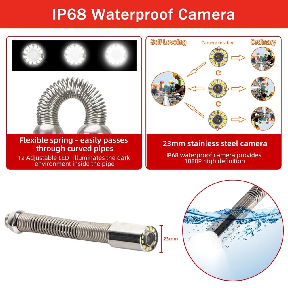 300FT Sewer Camera w/ 10.1″ Touchscreen Self-Leveling 12 LED Lights & Recording