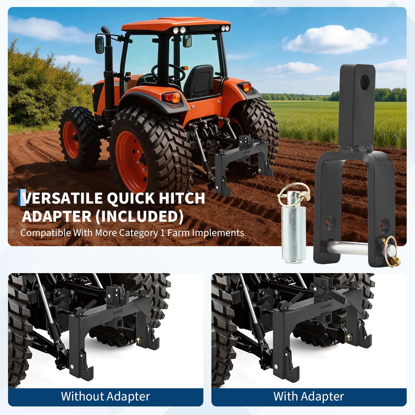 3Point Quick Hitch w/Versatile Adapter 2″ Receiver for Category 1 Tractor 3000lb