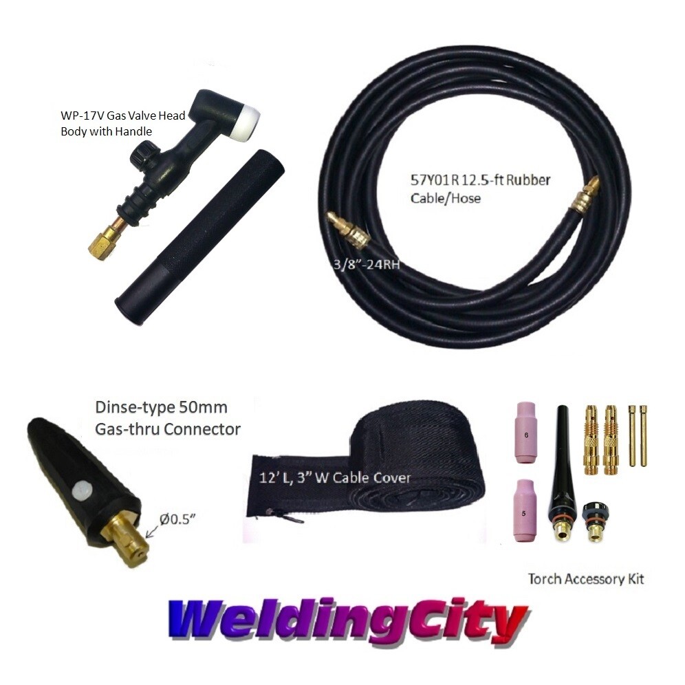 WeldingCity® Gas-thru Dinse-rear TIG Welding Torch WP-17V Valve-head 150A 12.5ft