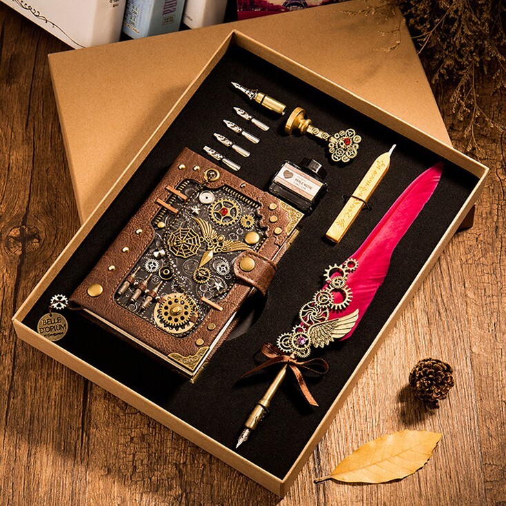 Handmade Steampunk Notebook Leather Journal with customized bookmark and stamp