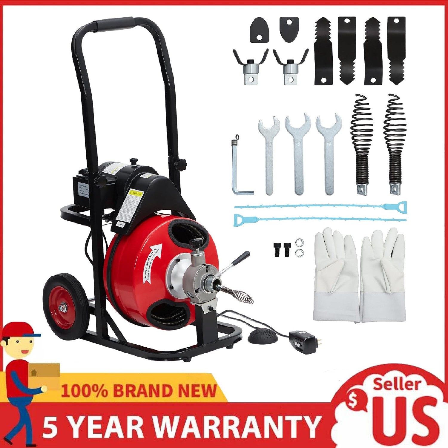 Drain Cleaner Machine ,Auto Feed 75 Ft x 1/2in Portable Sewer Snake Auger 250W