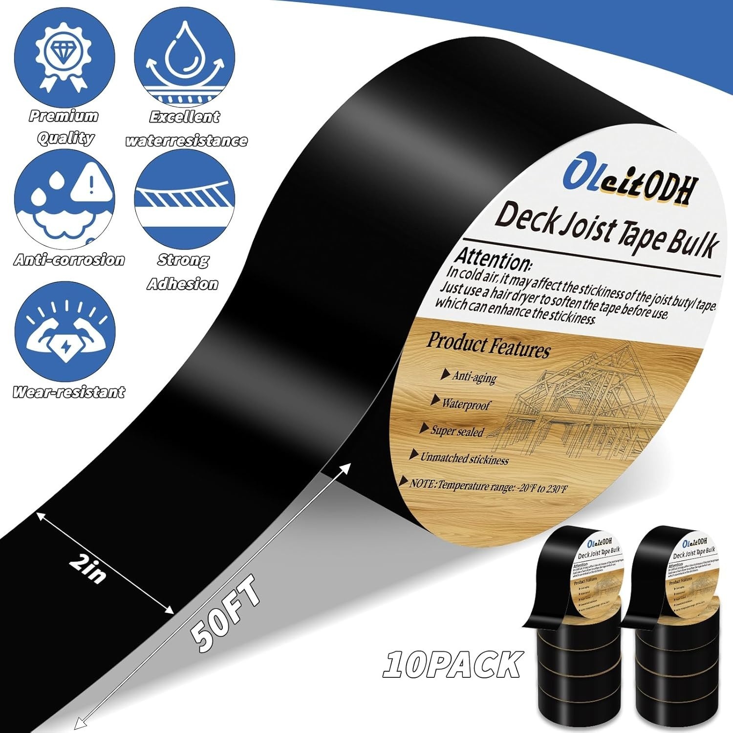 Joist Tape for Decking 2»X50′, 10 Rolls Weatherproof Butyl Tape For Decks Roof