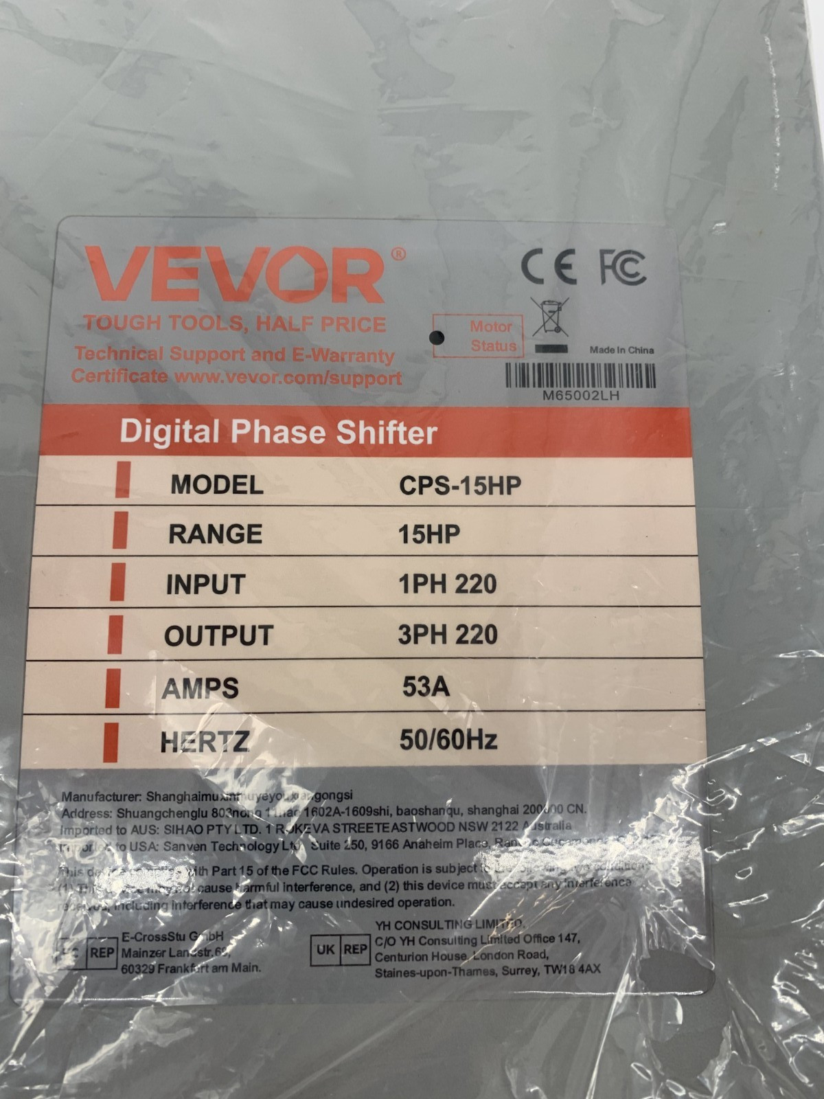 Vevor CPS-15HP 3PH Digit Phase Converter Shifter 15HP 11.25kW 53A 220-240V Input