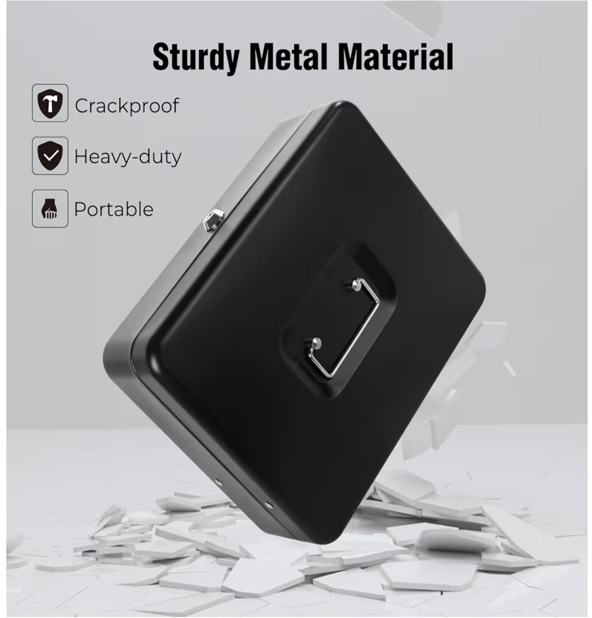 Large Lockable Cash Box with Money Tray & Key, Black, 11.8×9.45×3.54