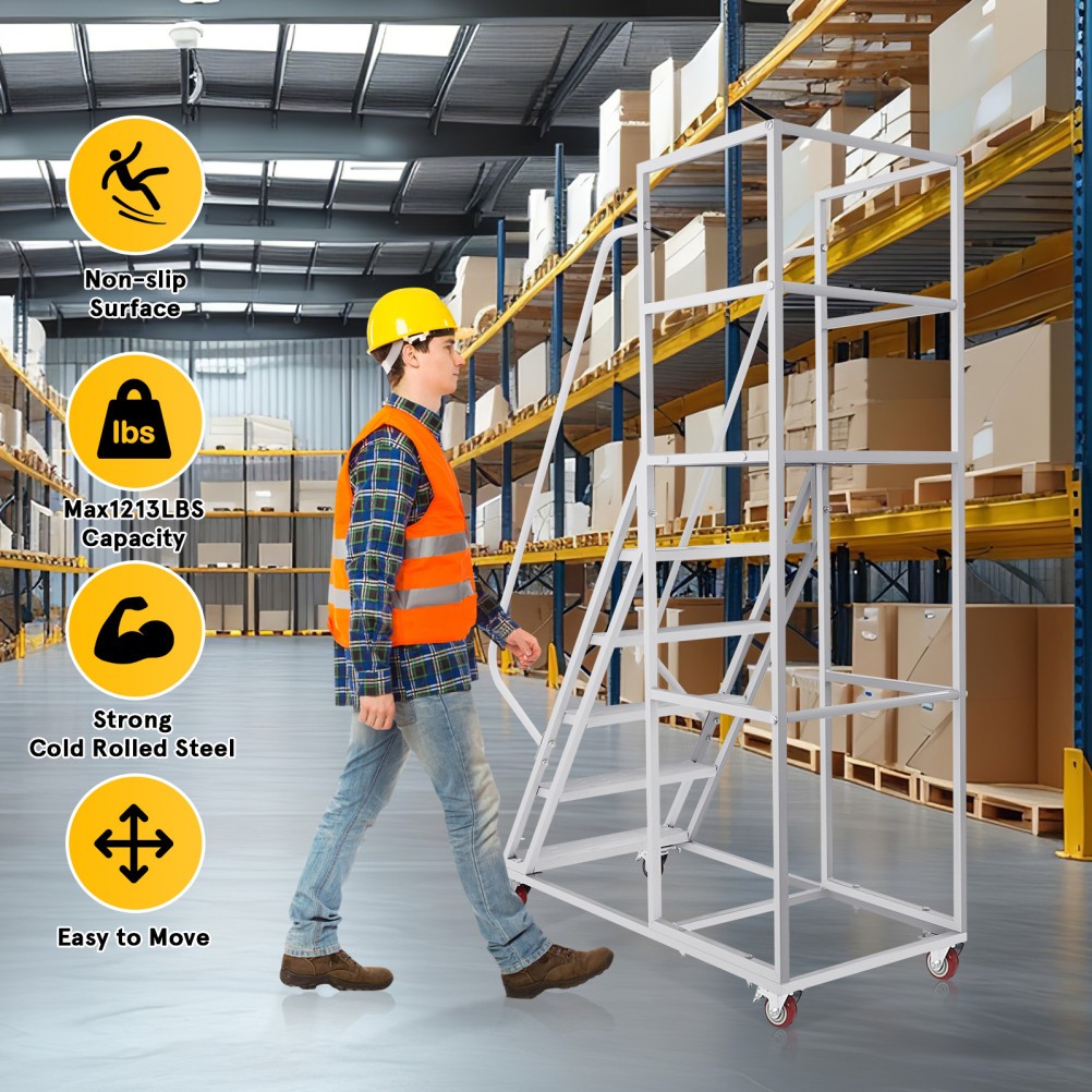 6 Step Rolling Warehouse Step Ladder, Movable Platform Ladder with Locking Wheel