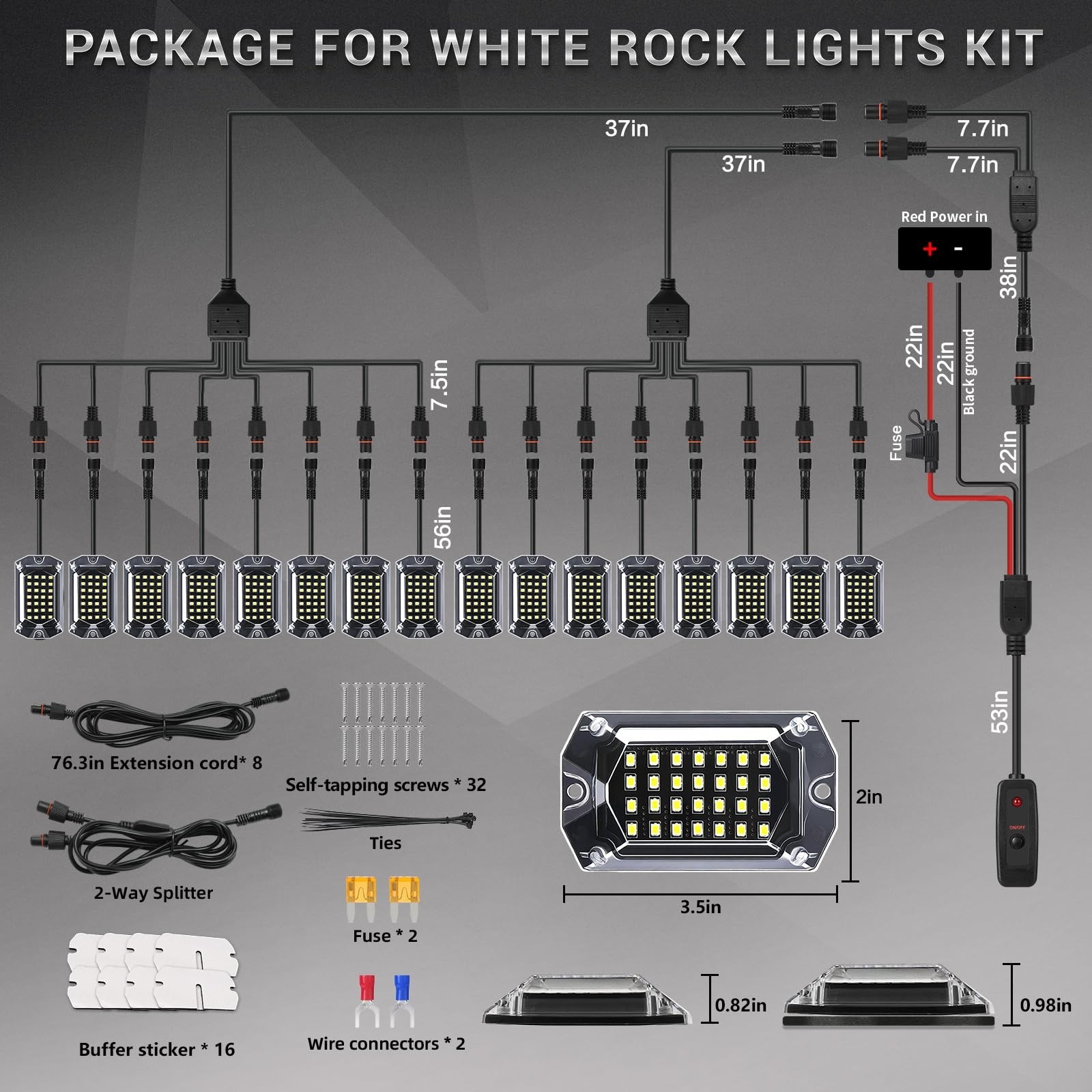 16 Pods Full Angle Pure White LED Rock Lights with Extension Wires, IP68 Wate…