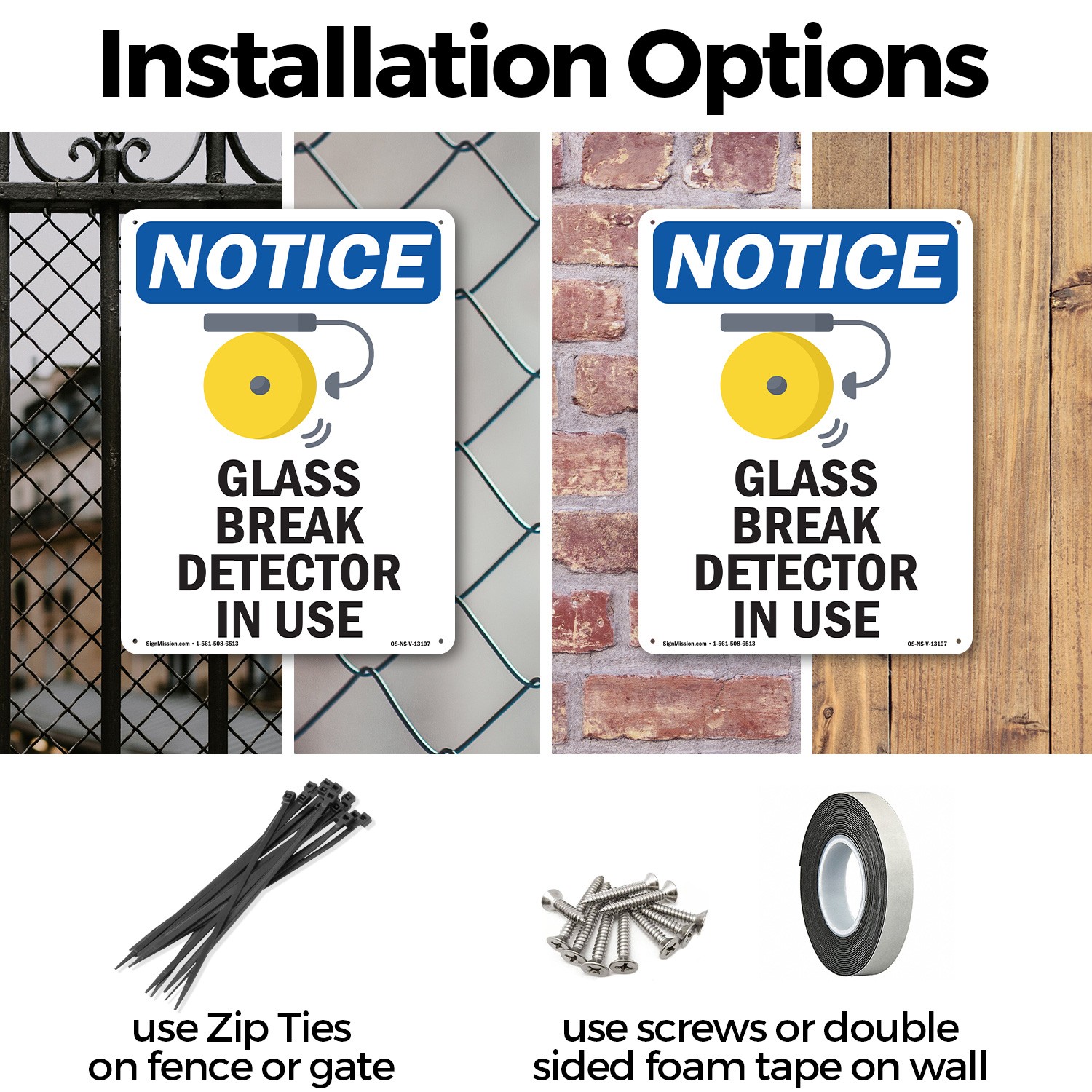 Glass Break Detector In Use OSHA Notice Sign Metal, Plastic, Decal 5 or 10 Pack
