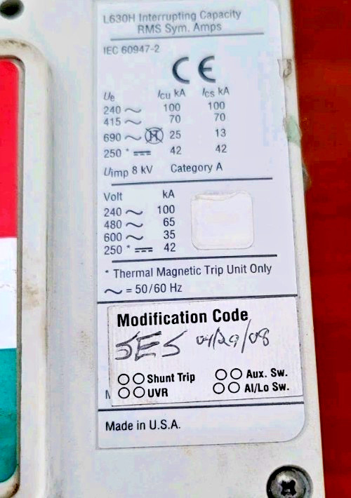 EATON Cutler-Hammer LGH3630NN Circuit Breaker L630H Frame 600A, 3P, 600VAC