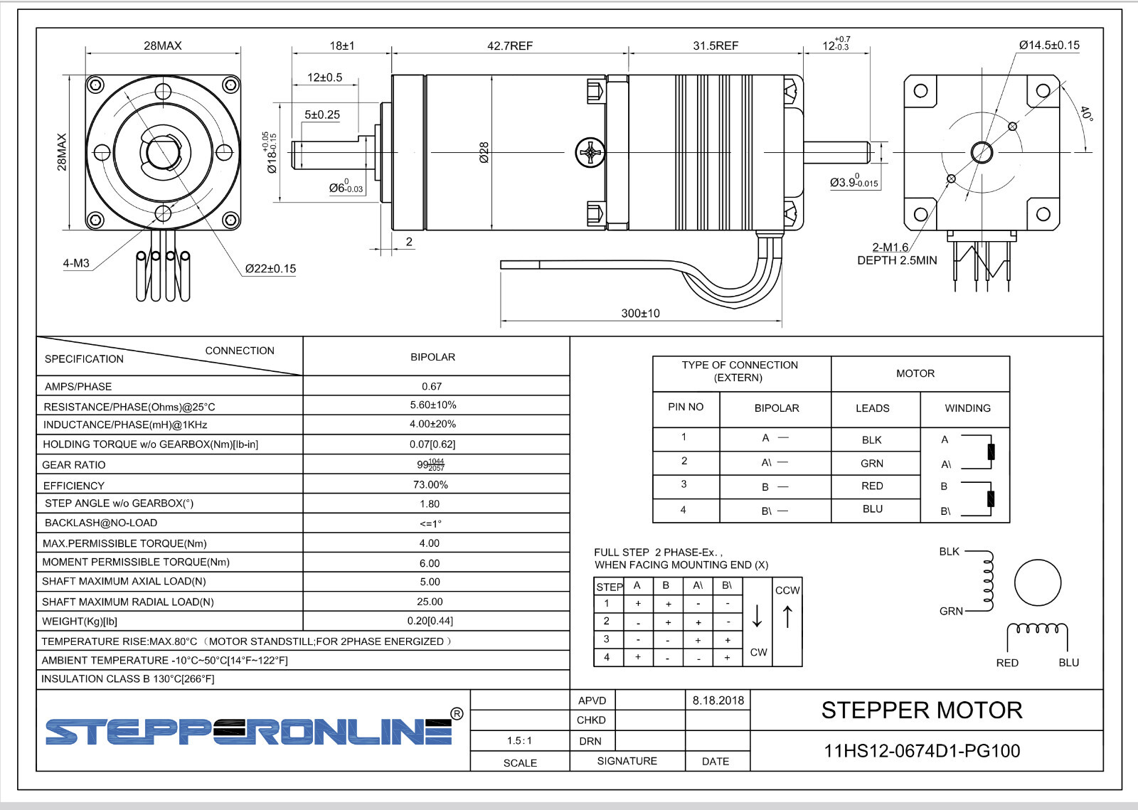 StepperOnline 11HS12-0674D1-PG100, Nema 11, 100:1 Gearbox, Bipolar Stepper Motor