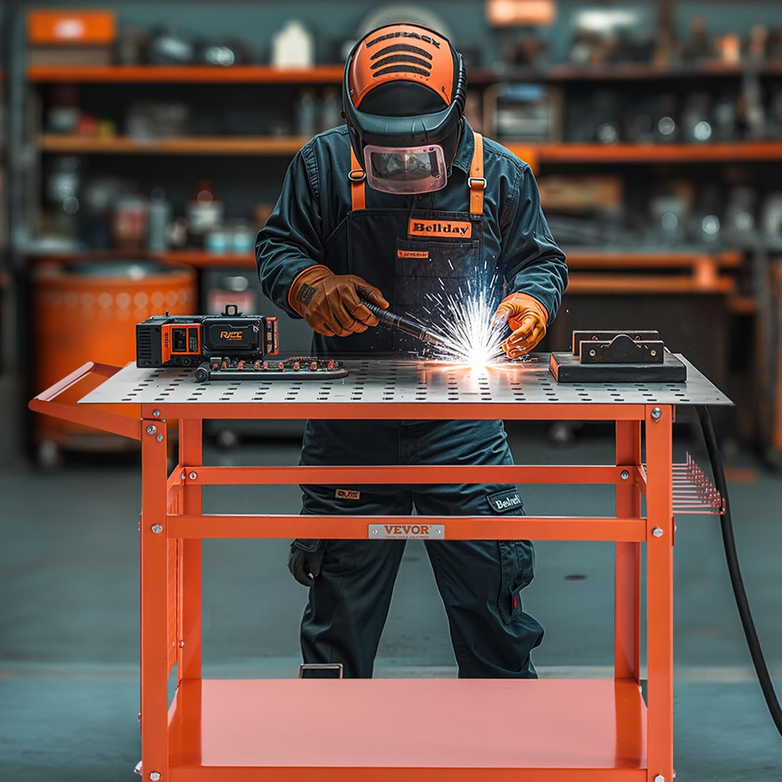 40X24 Orange Welding Workbench 800Lbs Capacity With Wheels And Storage Hooks