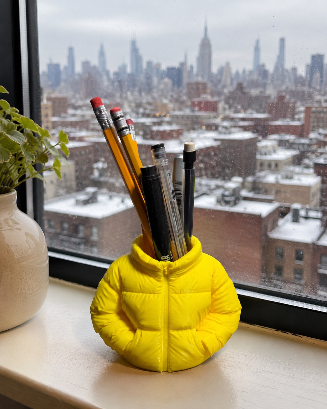 Yellow Puffer Jacket Holder 3D Printed Pencil Makeup Brush Toothbrush Organizer