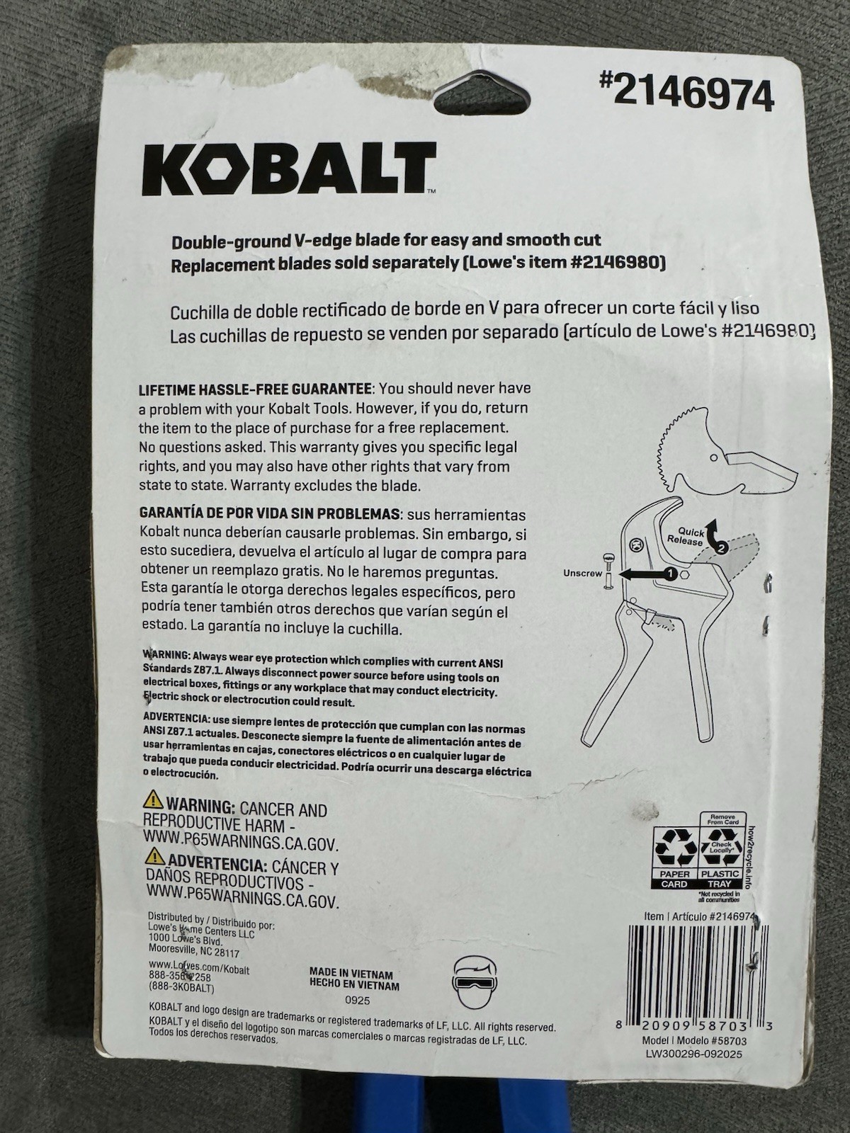 Kobalt 2-3/8” PVC Pipe Cutter 2146974 Quick Change Blade New Sealed