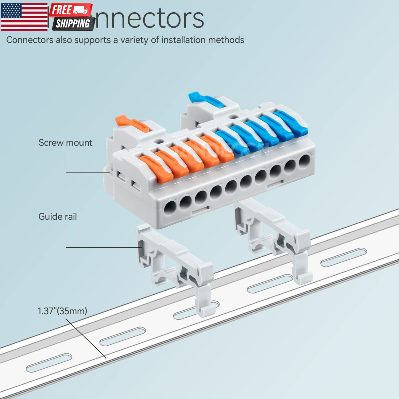 6-Pack DIN Rail Terminal Blocks Lever Wire Connectors 2-in-8-Out, 28-12 AWG Spli