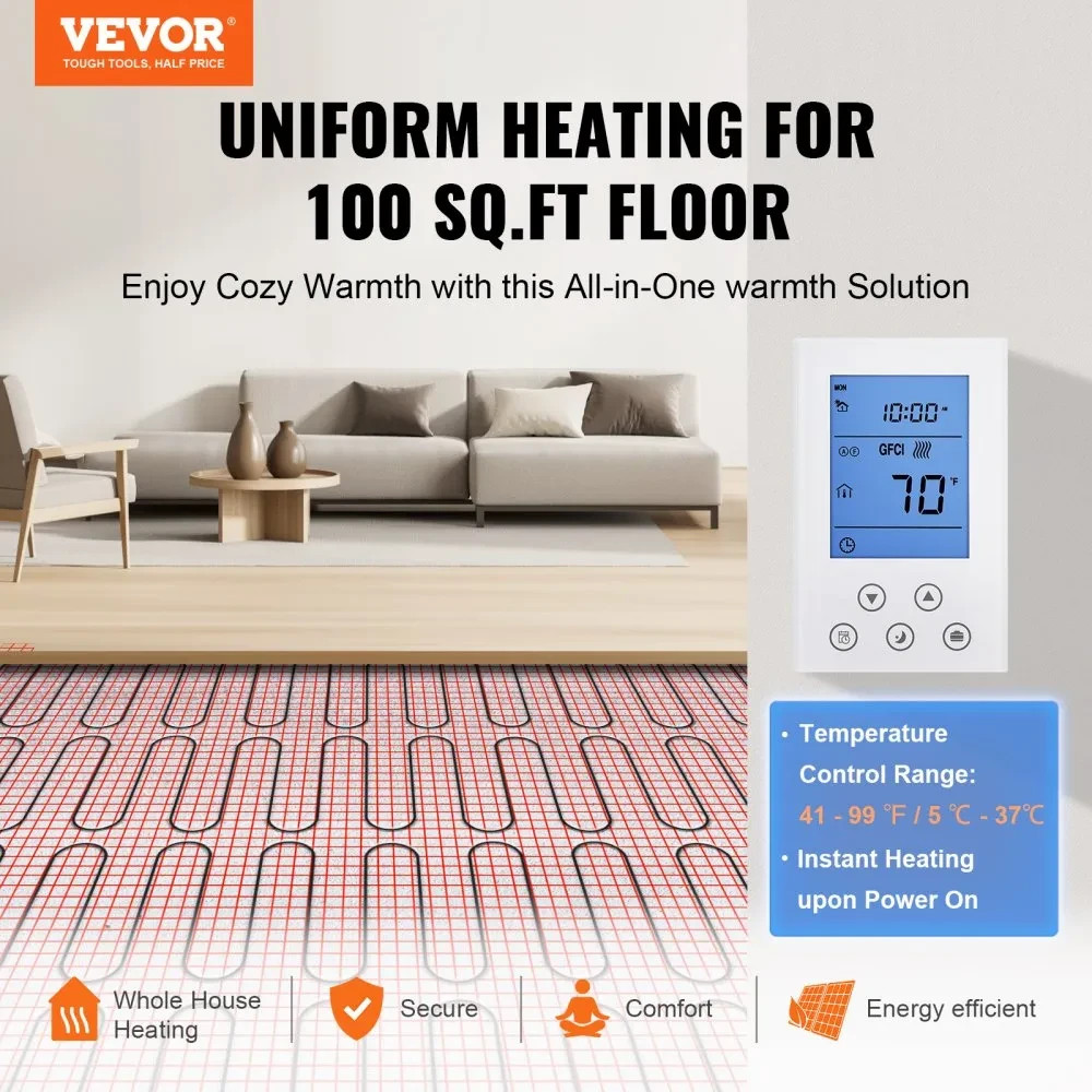 VEVOR | Floor Heating Mat | 100 Sq. ft | Electric Radiant In-Floor Heated | Warm