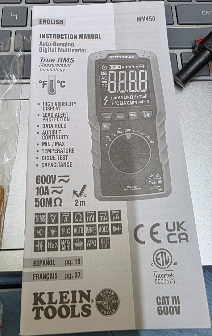 Klein Tools MM450 600V Slim Digital Multimeter TRMS Auto-Ranging Temp