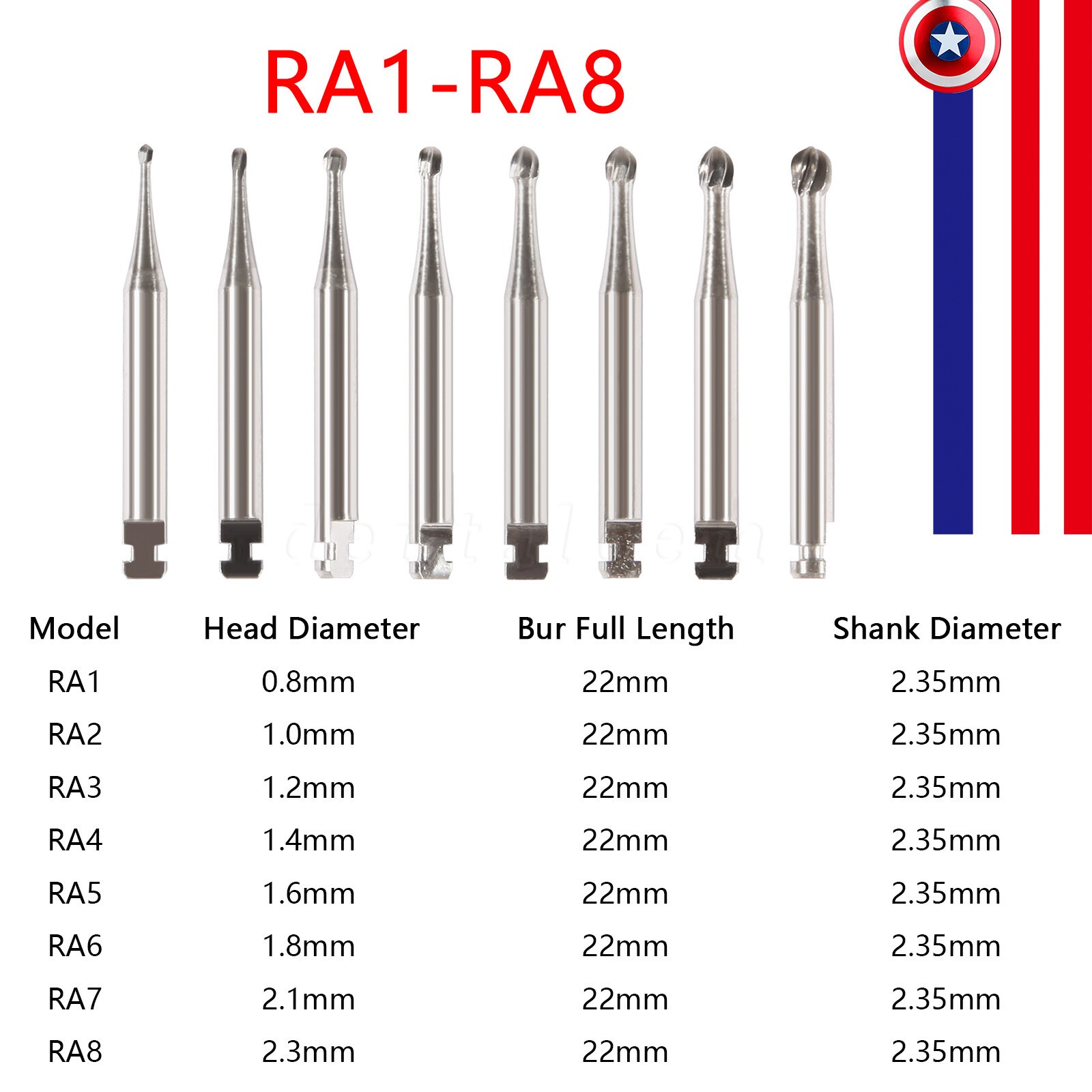 8 Types Dental Round Carbide Bur for Slow Speed Latch Type RA 1# – 8# Burs to