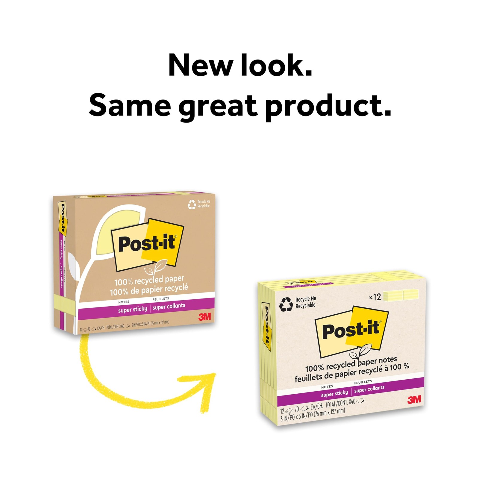 Post-it 100% Recycled Super Sticky Notes, 3 x 5 In, Canary Yellow, 12 Pads