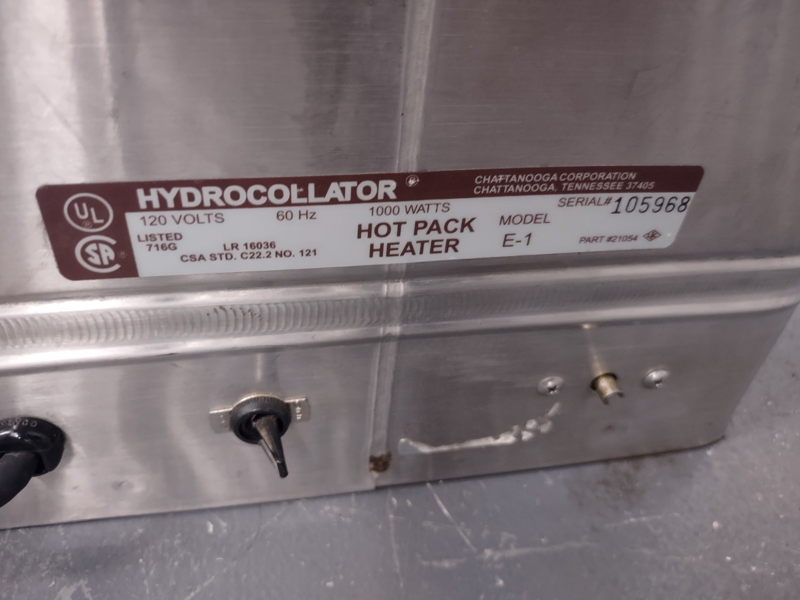 Chattanooga Hydrocollator Hot Pack Heater Model E-1 120V 1000W MPN 21054