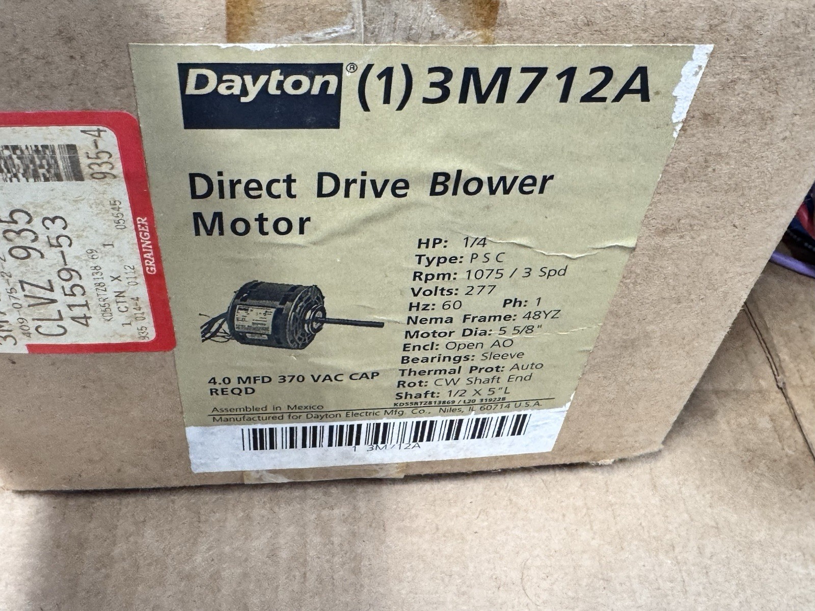 NOS DAYTON Direct Drive Blower MOTOR 3M712A 1/4HP 1075 RPM 3 Speed 1/2 Shaft