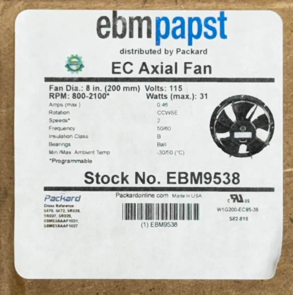 EBM-Papst EBM9538 8 in ECM Axial Fan Assembly 115V, 2 Speeds, 2100 2800 RPM