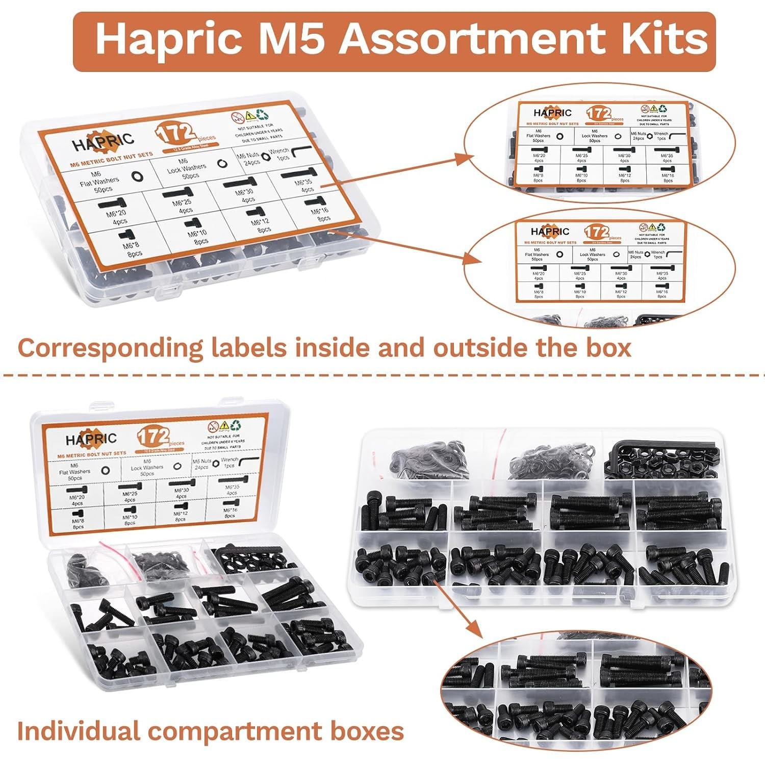 Complete 172-Pcs M6 Bolts Assortment: Black Zinc Plated Steel for Durability