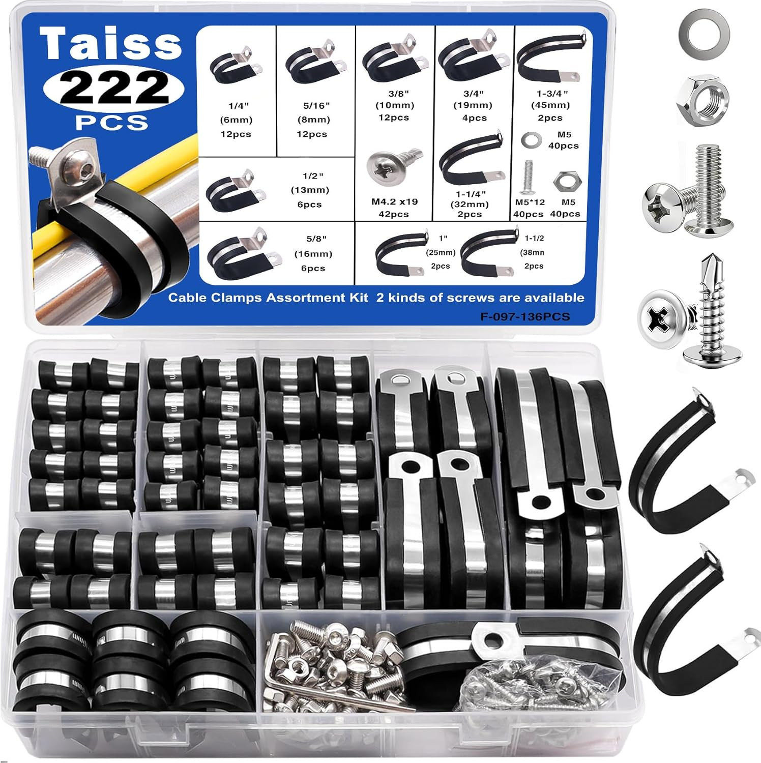 Taiss 222PCS Cable Clamps Assortment Kit 304 Stainless Steel Rubber Cushion Pipe