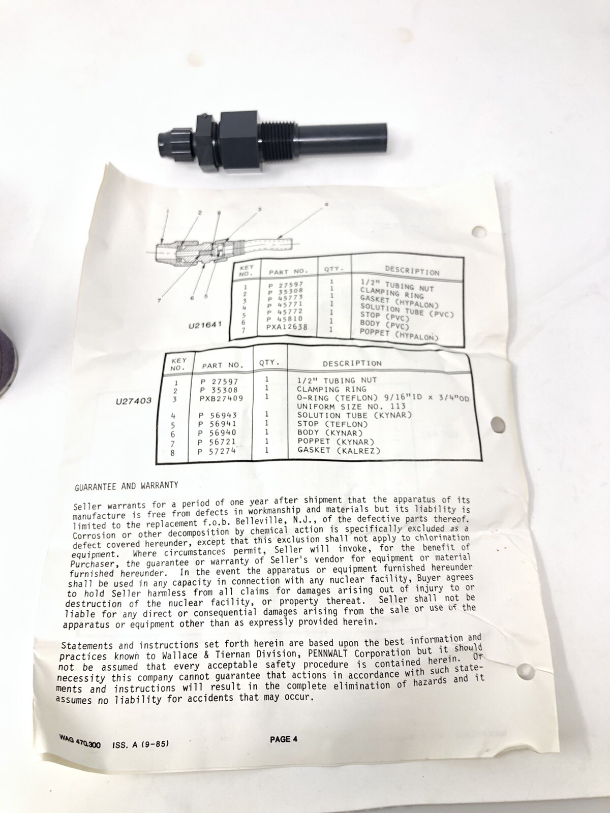 Wallace & Tiernan Kynar Valve Main Connection U-21846 U-27402 U-27403