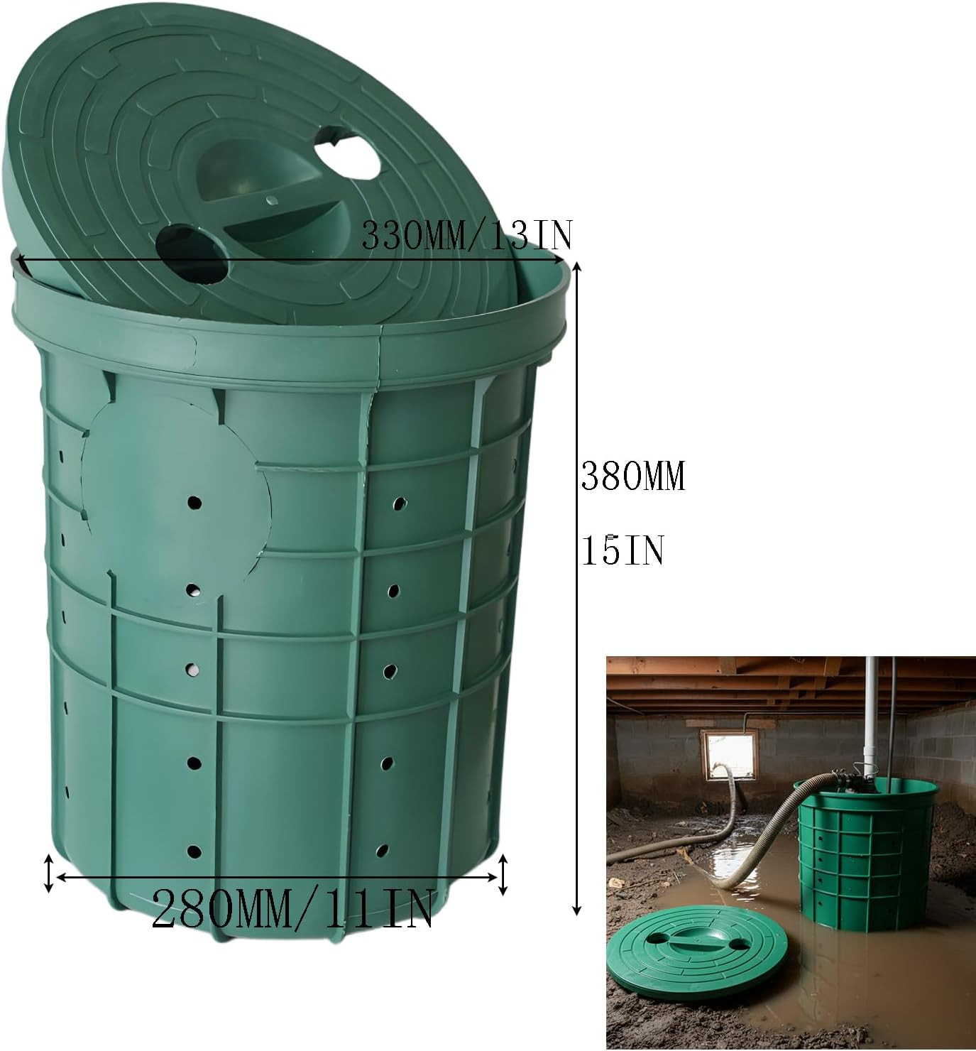 5 Gallon Perforated Sump Pump Basin with Lid (13x11x15 Inch) – Heavy Duty PP Sum