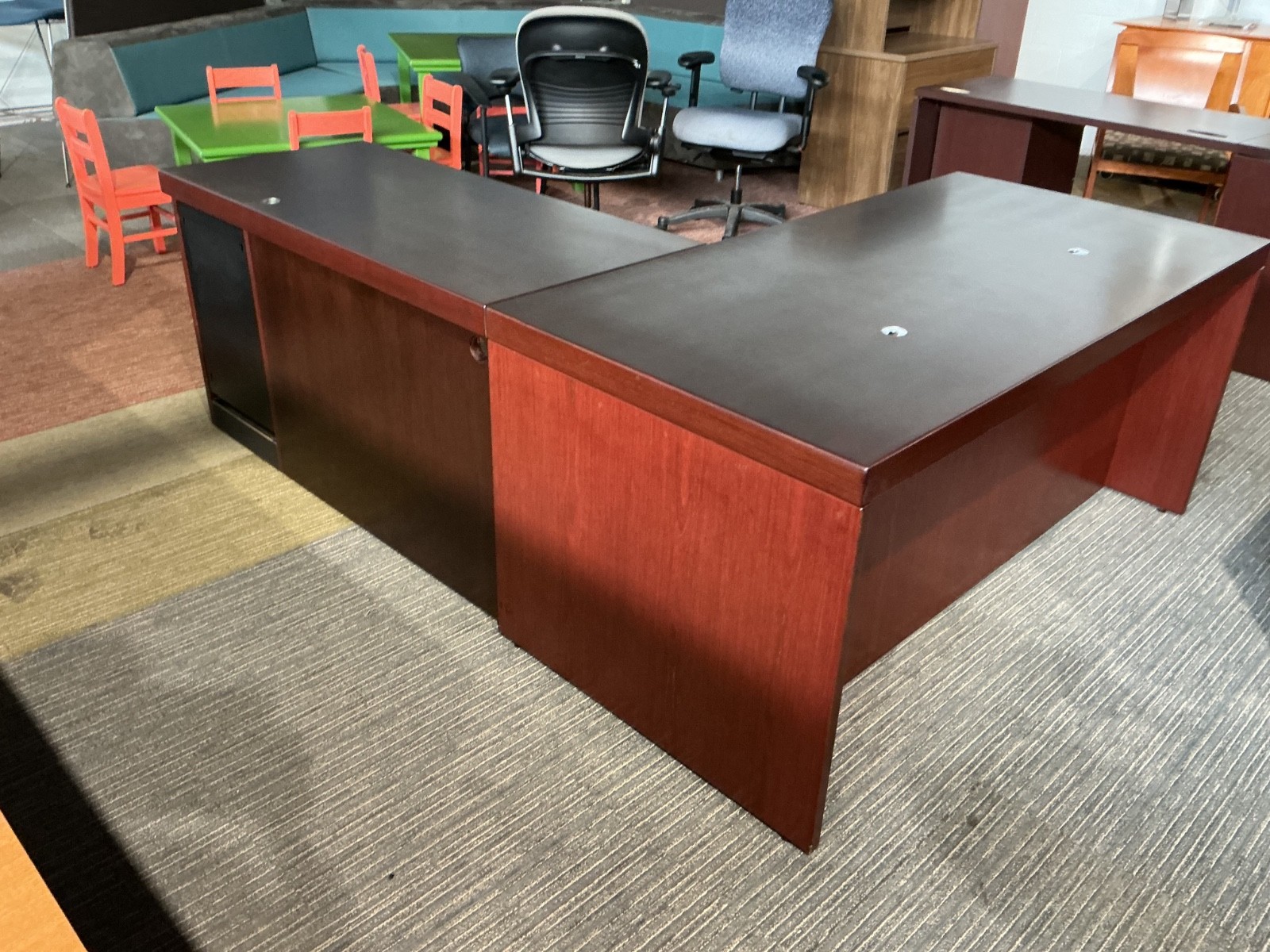 Right Hand L Shape in Mahogany Finish by Reff / 63” x 7’