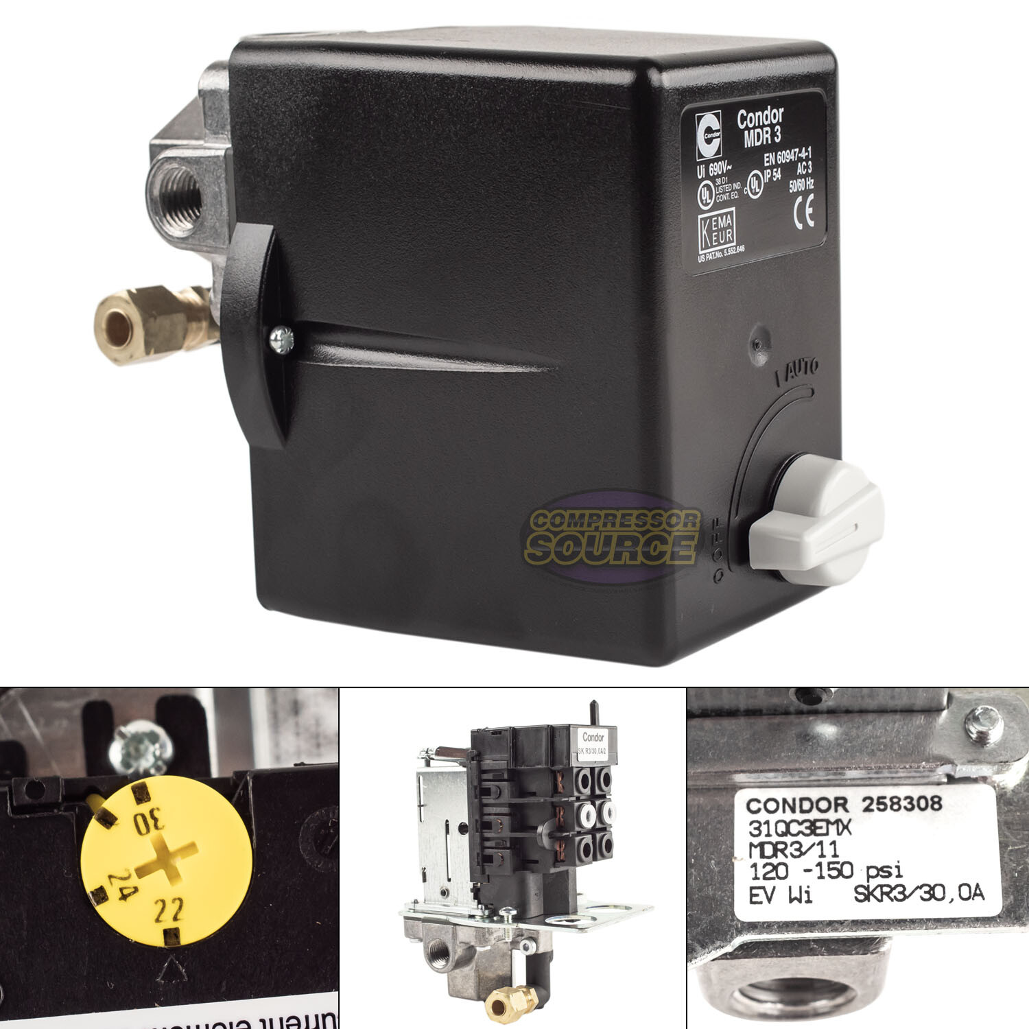 Condor MDR3/11 120-150 PSI 4 Port Pressure Switch Adjustable Overload 1/4″ FNPT