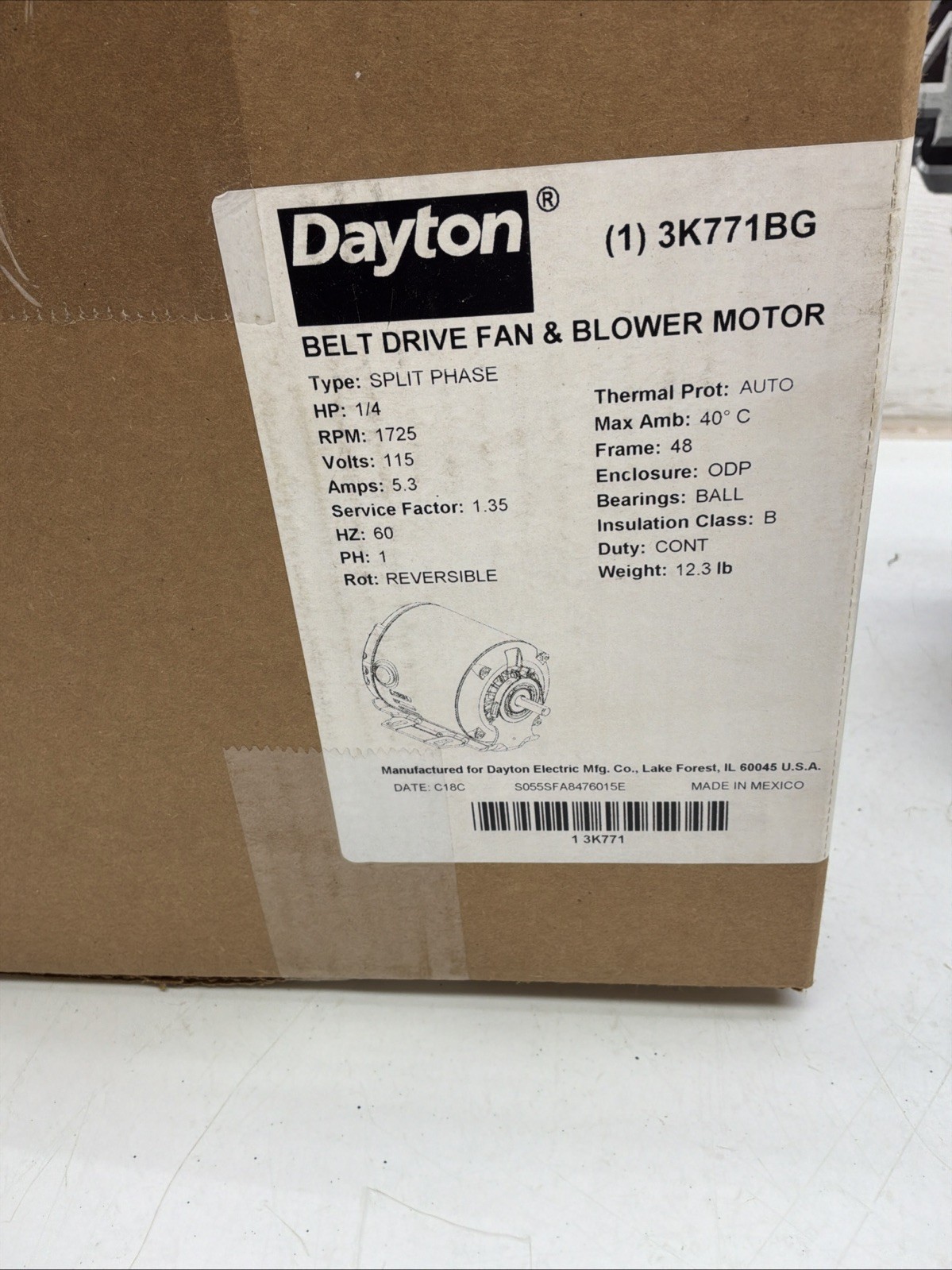 Dayton Belt Drive Fan & Blowing Motor 115V HZ 60 Type: Split Phase 3K771BG NIB