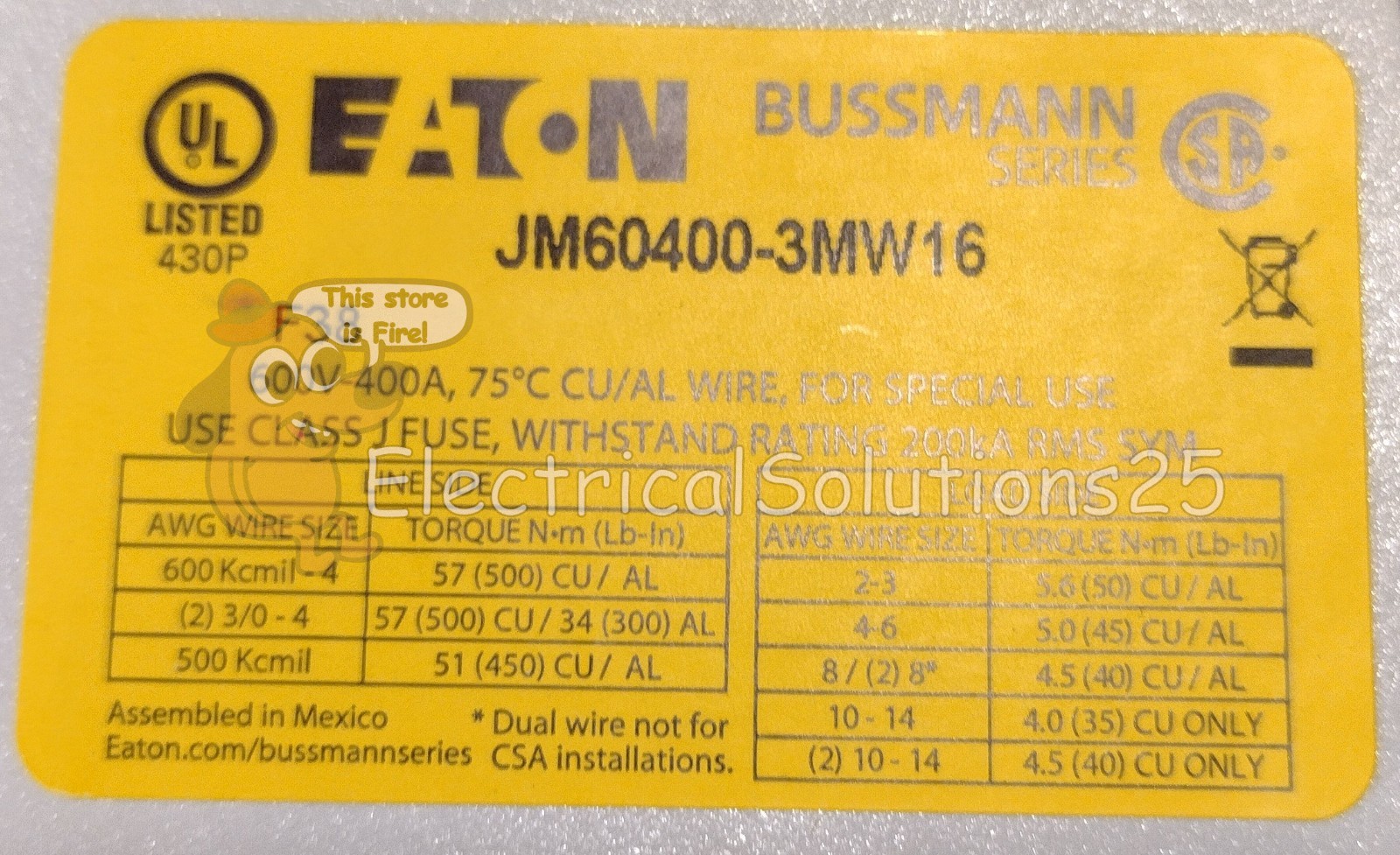 New Eaton JM60400-3MW16 400A 600V 3-Pole Class J Fuse Block – Free Shipping
