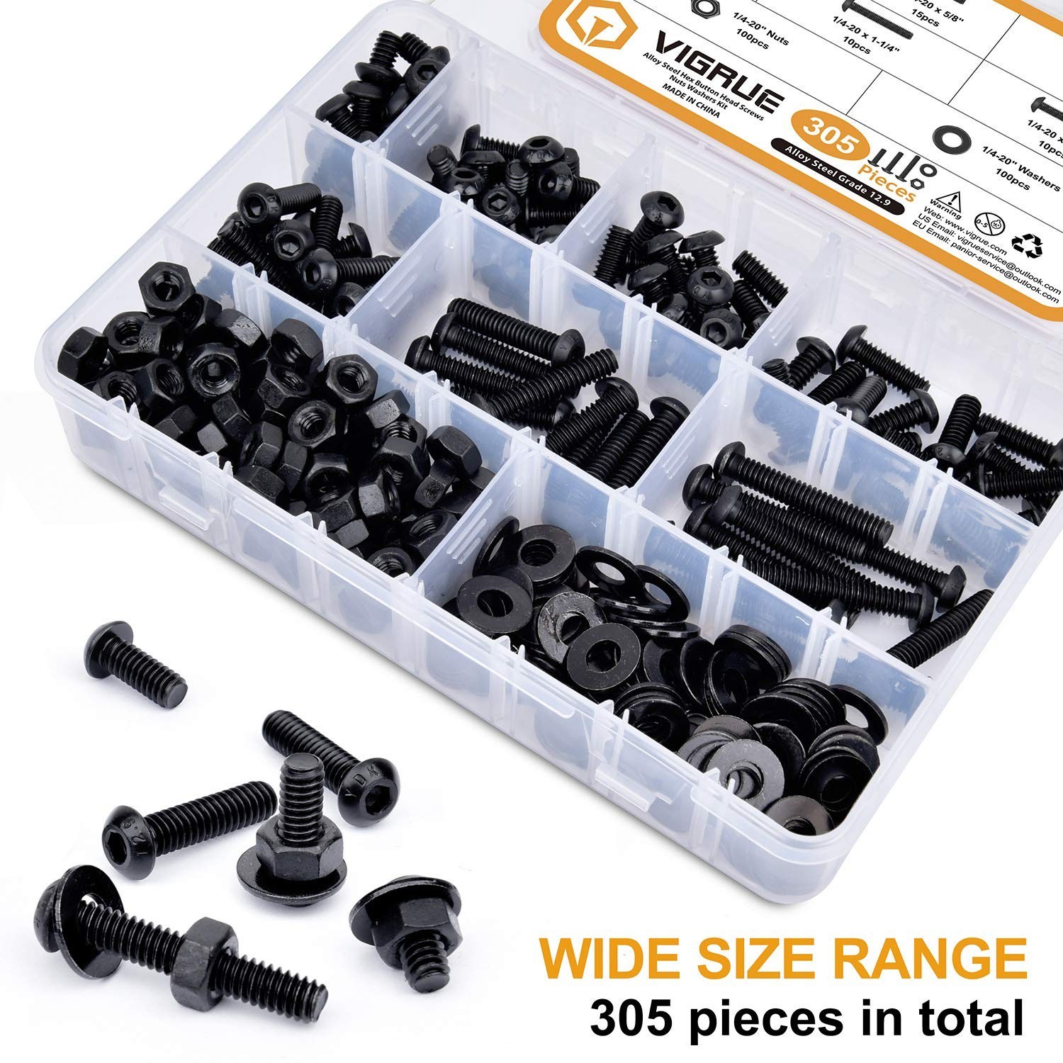 305Pcs 1/4-20 Bolt Nut Assortment Kit, Black Socket Cap Screws, Washers, Class 1