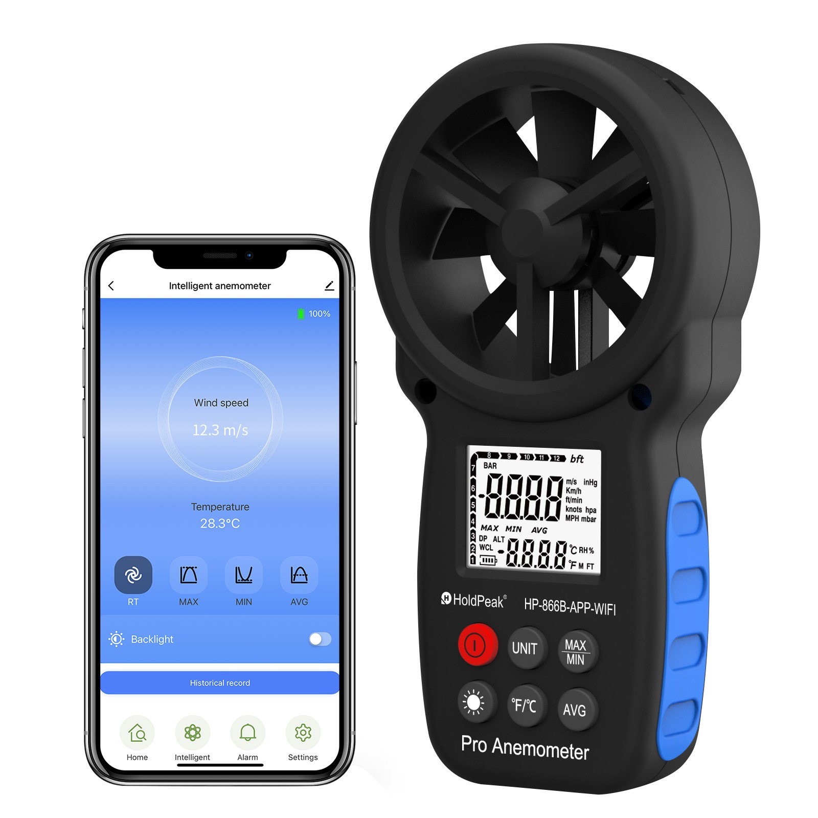 Digital Anemometer 89MPH 113°F 5-Unit Backlit LCD WiFi Bluetooth APP Max/Min/Avg