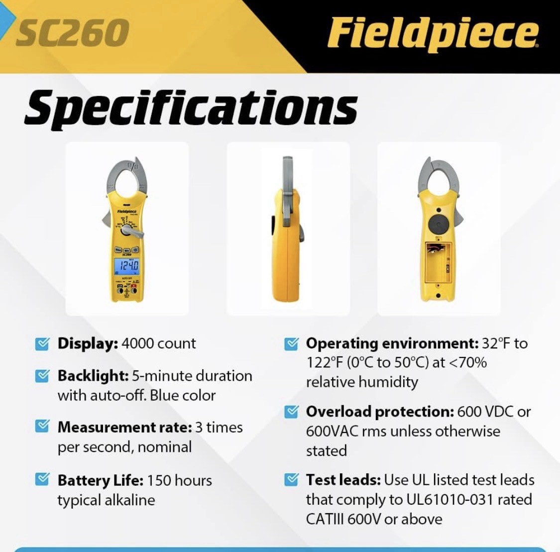 Fieldpiece SC260 True RMS Clamp Meter 4000 Count 600V CAT III NCV Temp