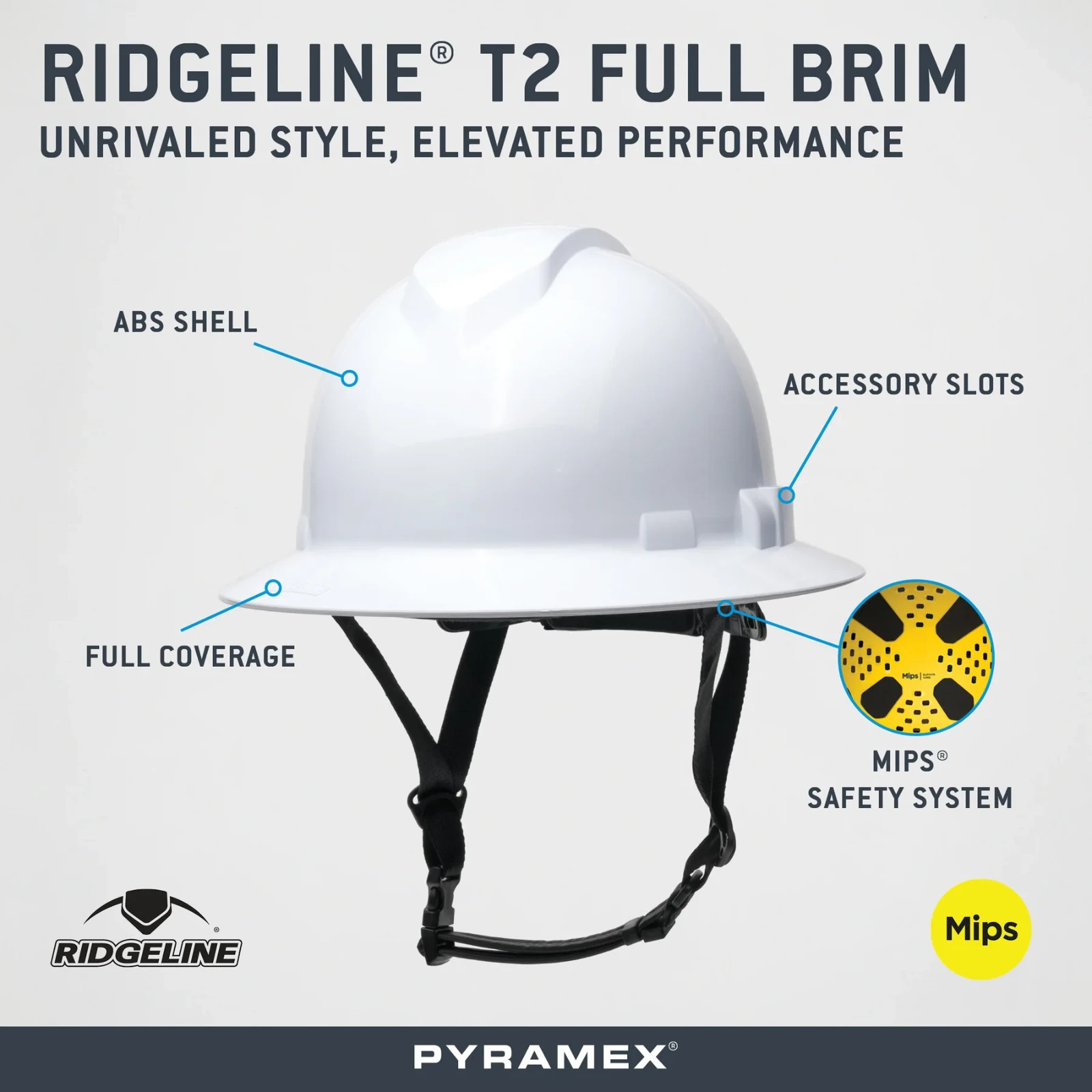 Pyramex Ridgeline® T2 Full Brim Hard Hat, White (Vented & Non-Vented) with Mips®