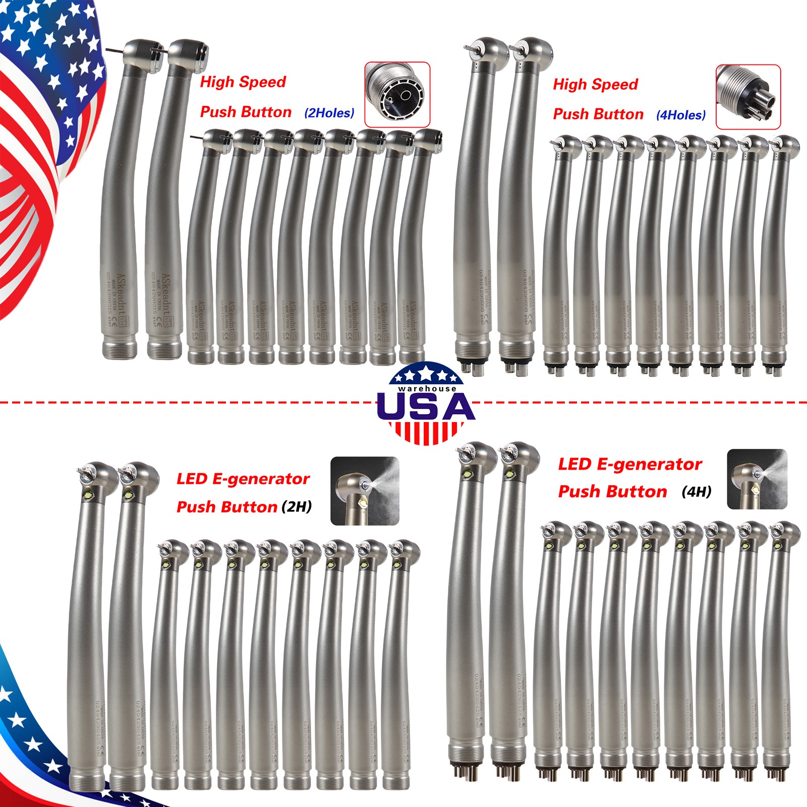 1/10 USA Dental Fiber Optic High Speed Handpiece 2/4H LED E-generator