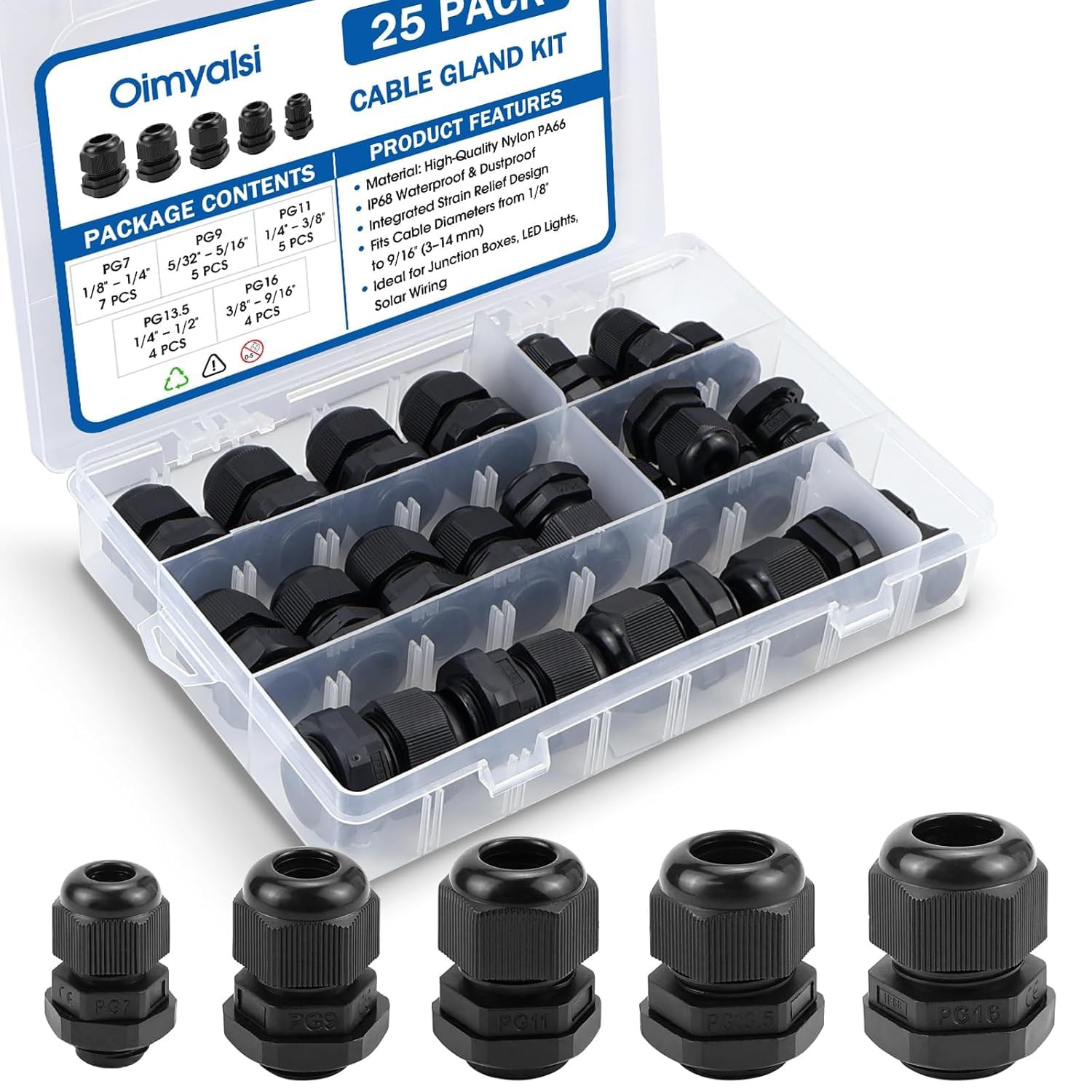 25 Pack Cable Gland Kit – IP68 Waterproof Nylon Cord Grip Connectors PG7 to PG16