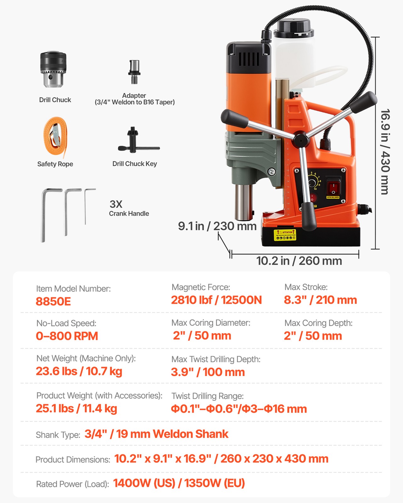 VEVOR Magnetic Drill Press Mag Drill Press 1400 W 2 in Boring Diameter 0-800 RPM