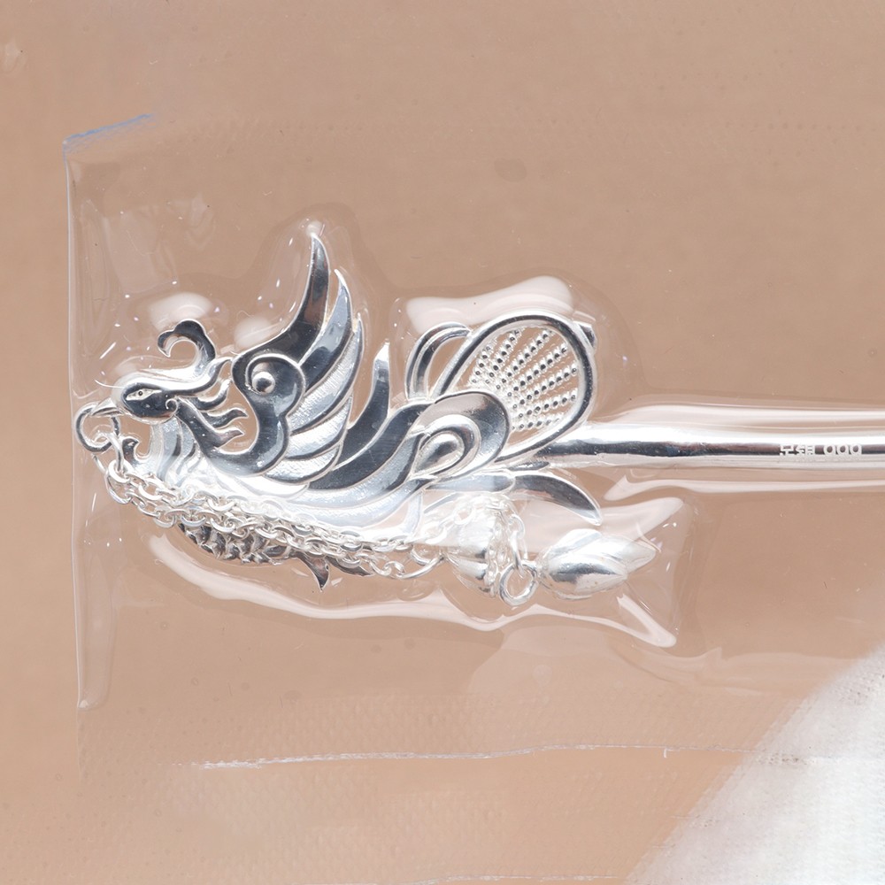 Pure S999 Fine Silver Carved Phoenix Chinese Oriental Hairpin 22.5-23g 6.4inch