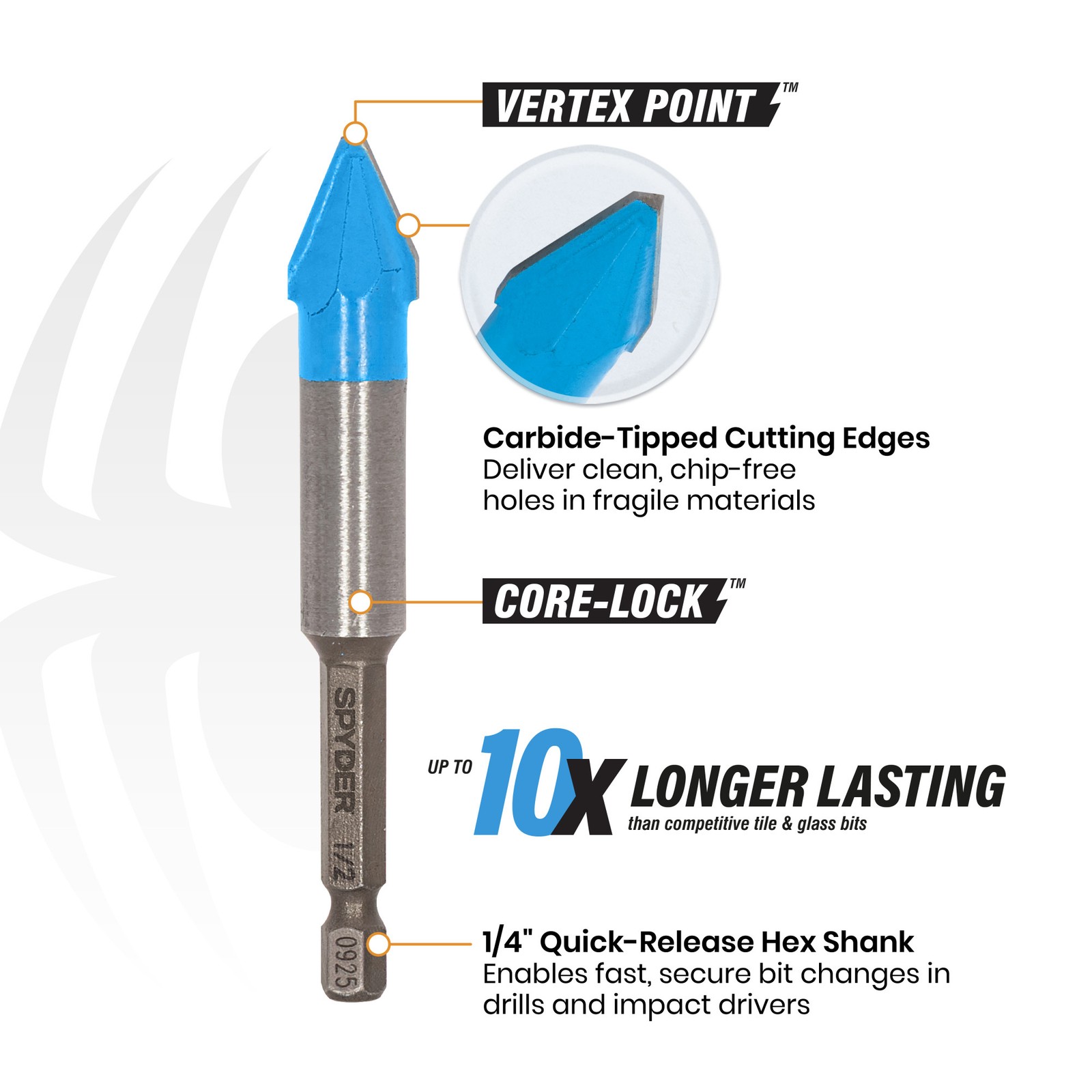 Spyder 3/8 in x 3.5 in Hex Shank Carbide-Tipped Glass and Tile Drill Bit, 950076