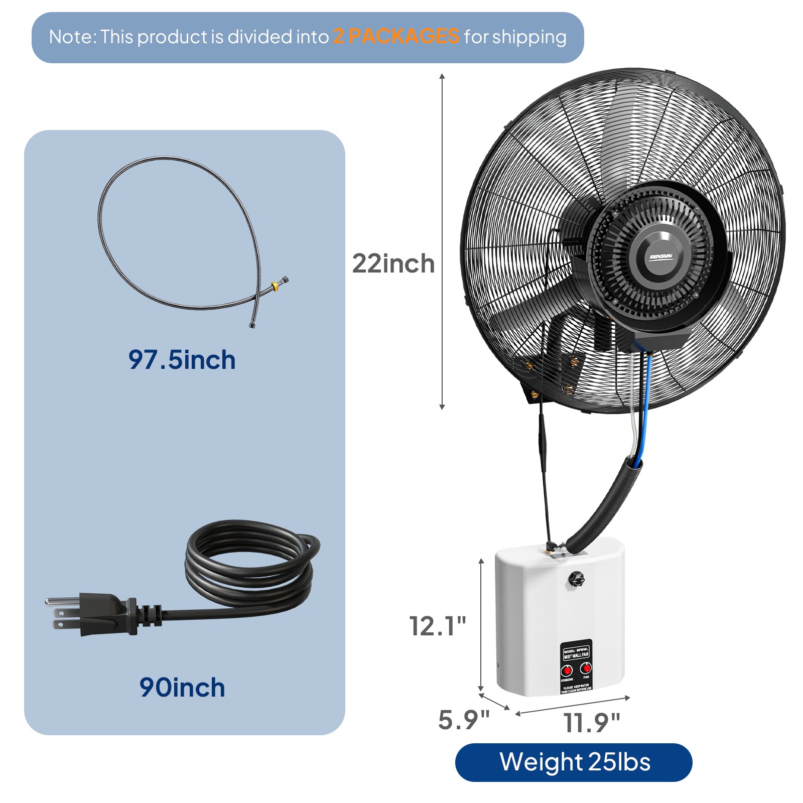 Outdoor Wall-Mount Misting Fan Oscillating Metal Fan 20» 4 Speeds w/Water Tank