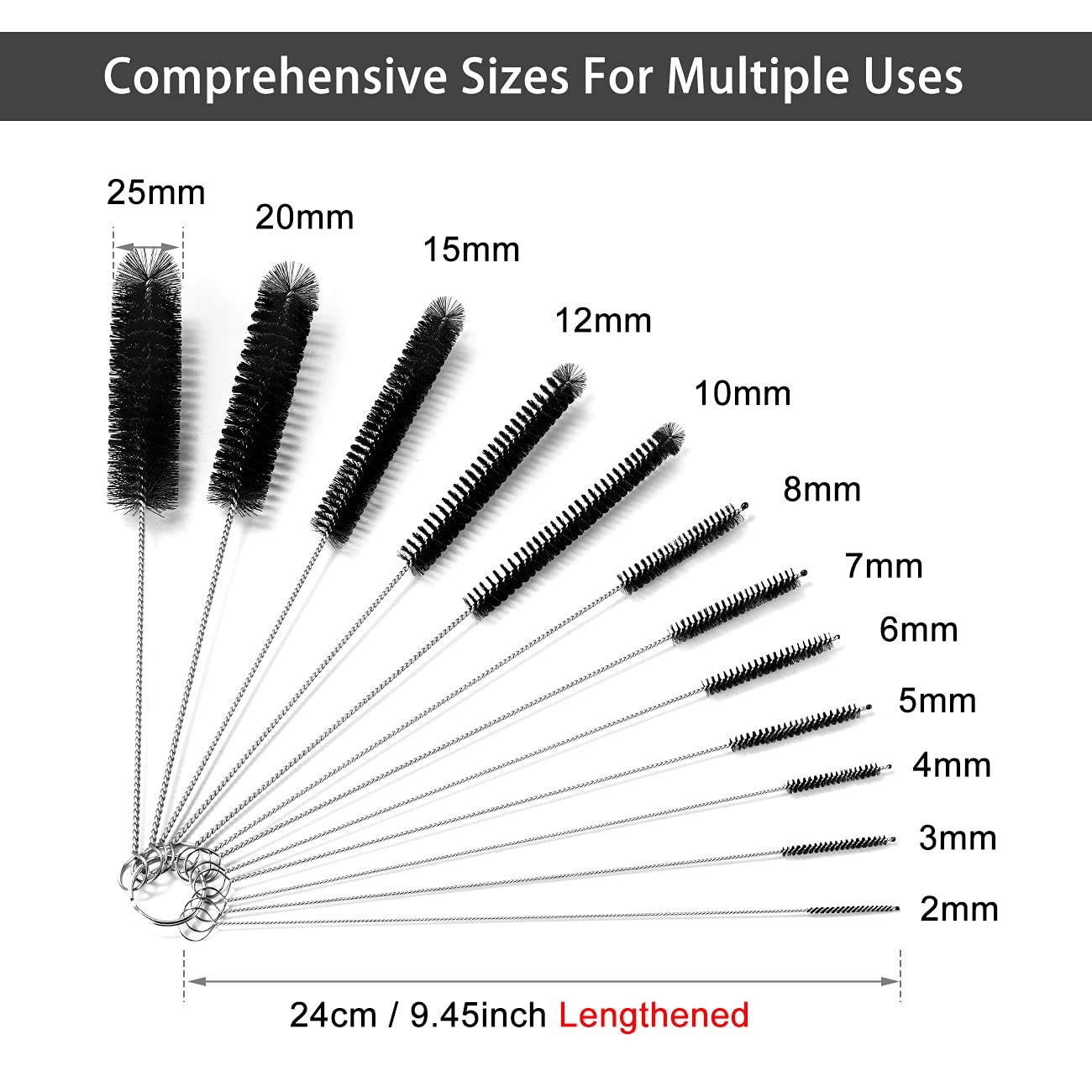9.5 Inches Long Straw Cleaner Brush Set, 12 Pack 9.45 inches / 24 cm, Black