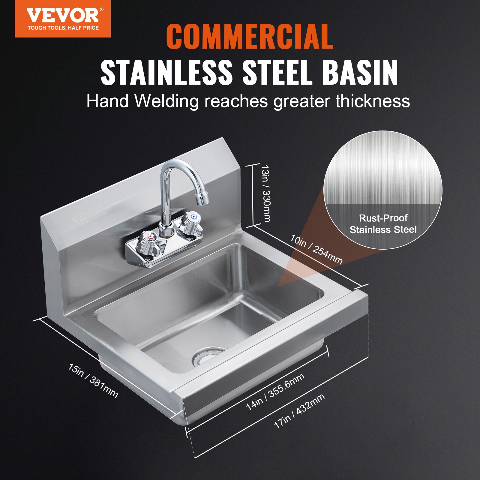 Uimoso 17″x12.8″ Commercial Hand Wash Sink Wall Mount Basin Stainless Steel