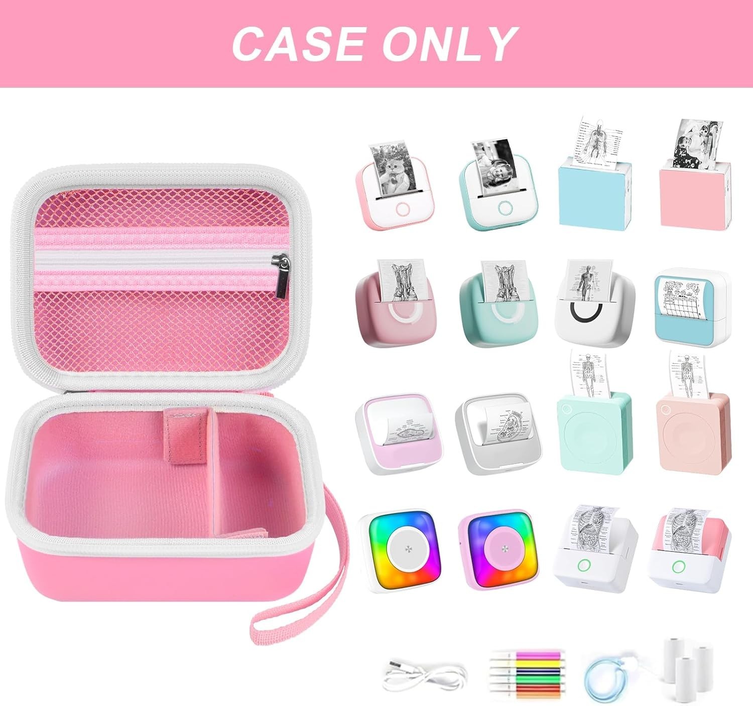 Compact Waterproof Developer Case for Memoking T02 & Phomemo Printers, Pink