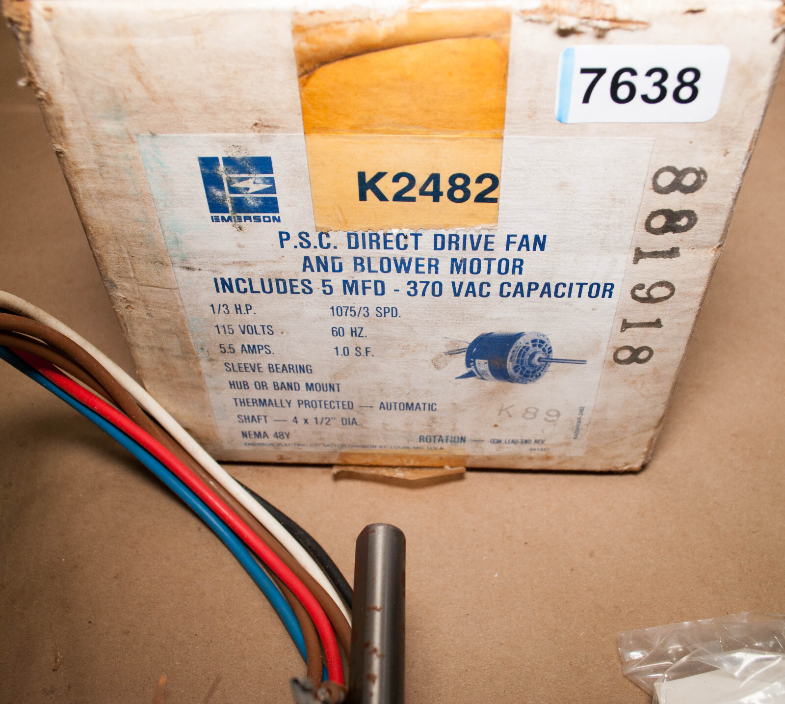 Emerson K2482 PSC Direct Drive Fan & Blower Motor 1/3 HP 1075 RPM 3 Spd 115V